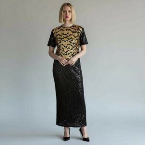 Vintage Lawrence Kazar Leopard Beaded Sequin Silk Black Gold Evening Dress NWT